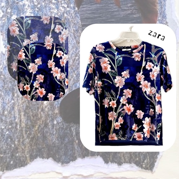 🆕 Zara • blue & pink floral print velvet short sleeve blouse top - Picture 4 of 16
